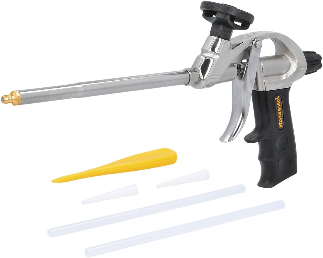 PU Foam Gun Professional Foaming Gun, Stainless Steel Tube, Foam Flow Regulator, Convenient Trigger, Comes with 2X Nozzles, 2X Extension Tubes 1x Foam Applicator Gun TOUGH MASTER