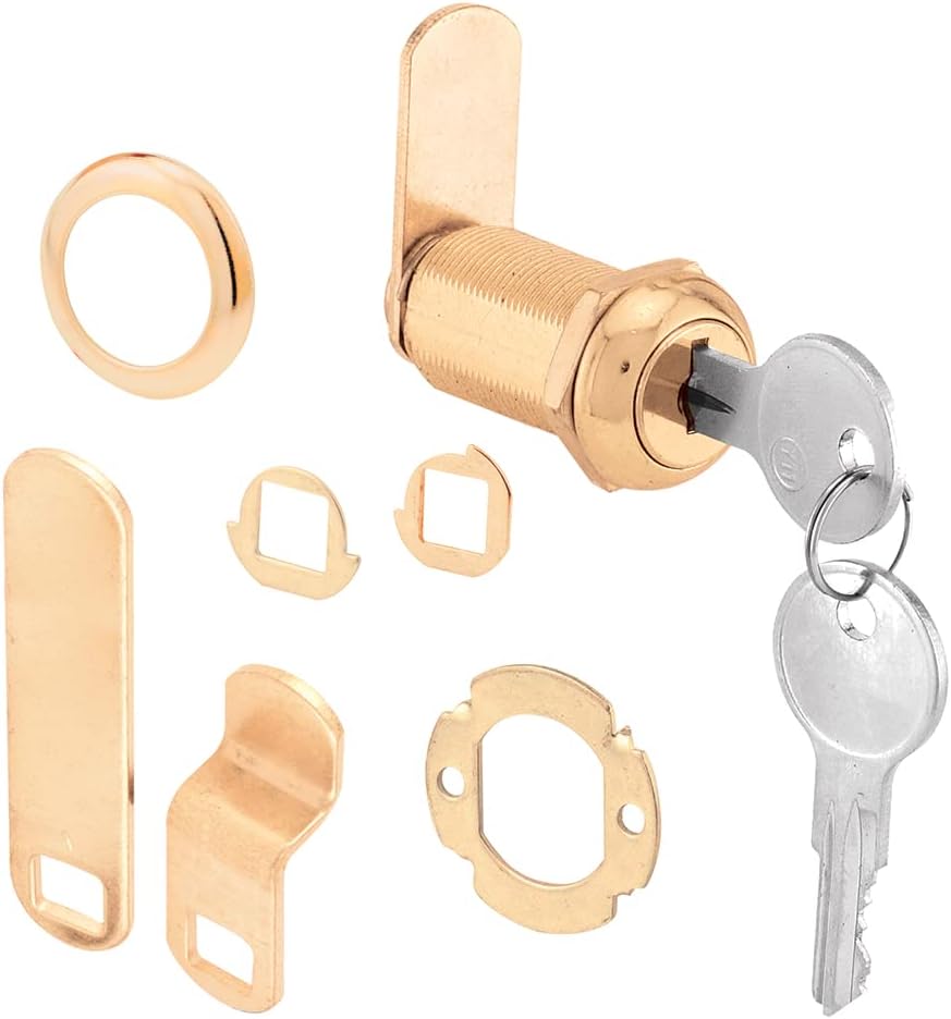 Prime-Line U 9953 7/8 in. Brass Plated Diecast Cam Lock, Yale Keyway Cabinet, 1-3/8 in