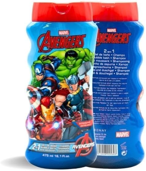 Avengers 2-in-1 Kids Bubble Bath & Shampoo - Gentle, Paraben-Free Hair & Body Wash with Vitamin E & A, pH Balanced for Sensitive Skin - Lightly Scented, Safe for Children Aged 3+, 475ml