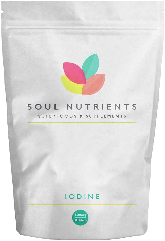Iodine 150mcg 500 Tablets | Max Strength Potassium Iodine | Pregnancy Health & Thyroid Supplement | Vegan UK Made | GMP Approved | Soul Nutrients