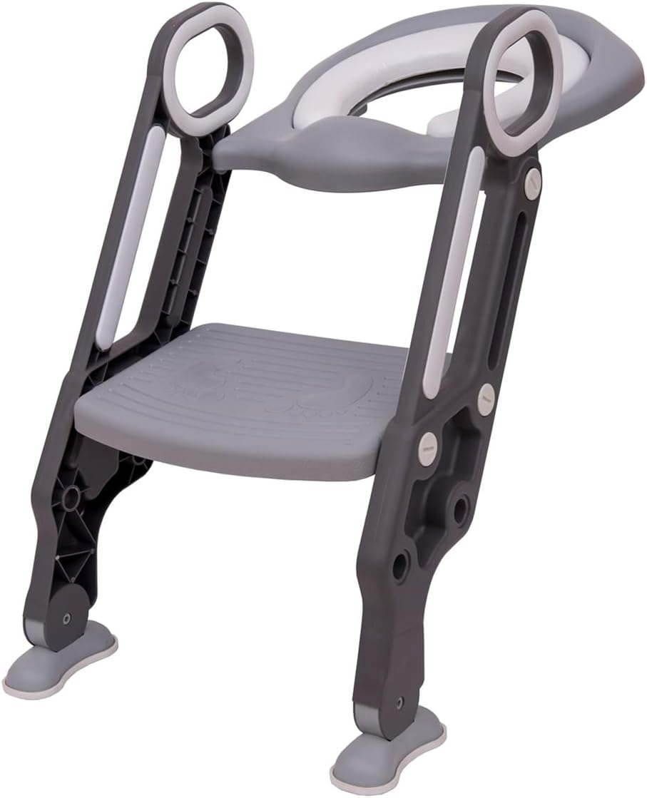 Straame Toddler Toilet Ladder Seat - Adjustable Potty-Training Seat, Soft Cushion Seat and Anti-Slip Steps Design - Easy to Install Portable Children Potty Training Chair (Grey-White)