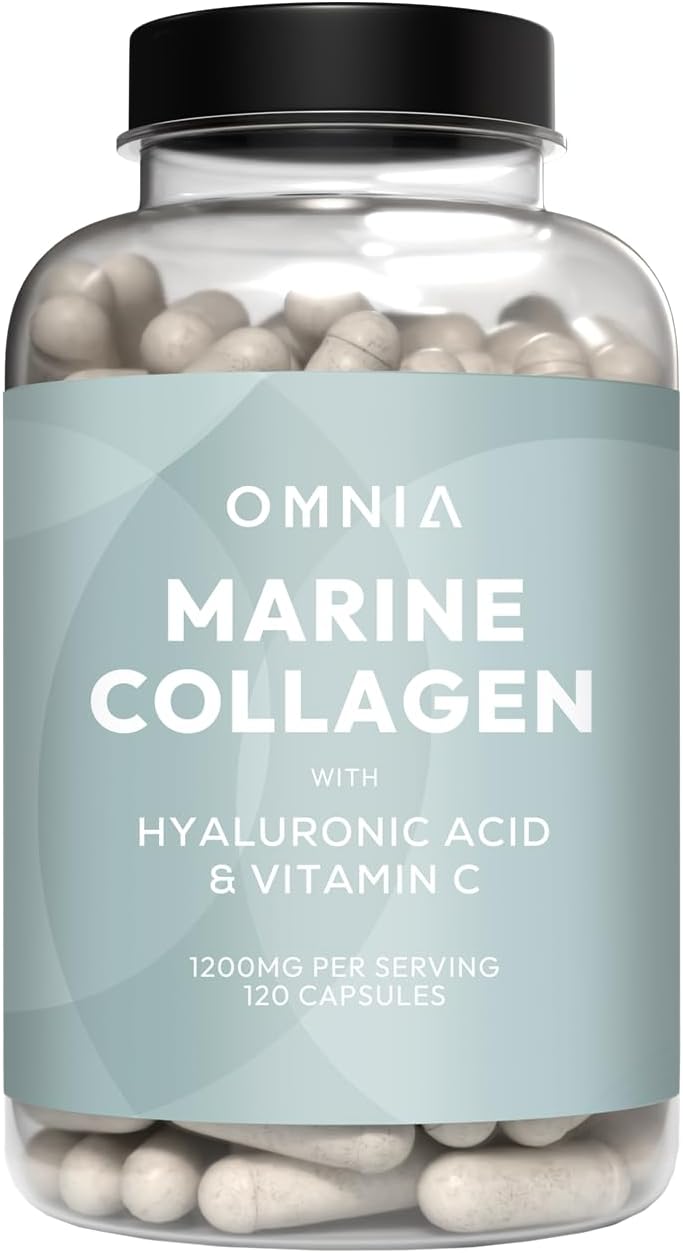 Omnia Marine Collagen Capsules 1200mg, Premium Skin, Hair & Nail Health Support for Women & Men, Enriched with Type I Collagen, Hyaluronic Acid & Vitamin C, High-Potency Formula, UK Made -120 Capsules