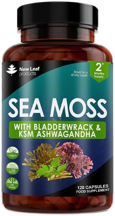 Sea Moss Complex - Pure Irish Sea Moss Capsules with Bladderwrack & KSM Ashwagandha - High Strength Sea Moss Capsule - 120 Fill Vegan Irish Sea Moss Capsules Made in The UK by New Leaf