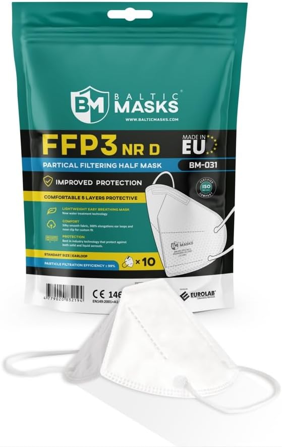 Baltic Masks FFP3 NR D Made in EU Partical Filtering Half Mask BM-031 Comfortable 5 Layers Standart Size Earloop Pack of 10 Masks