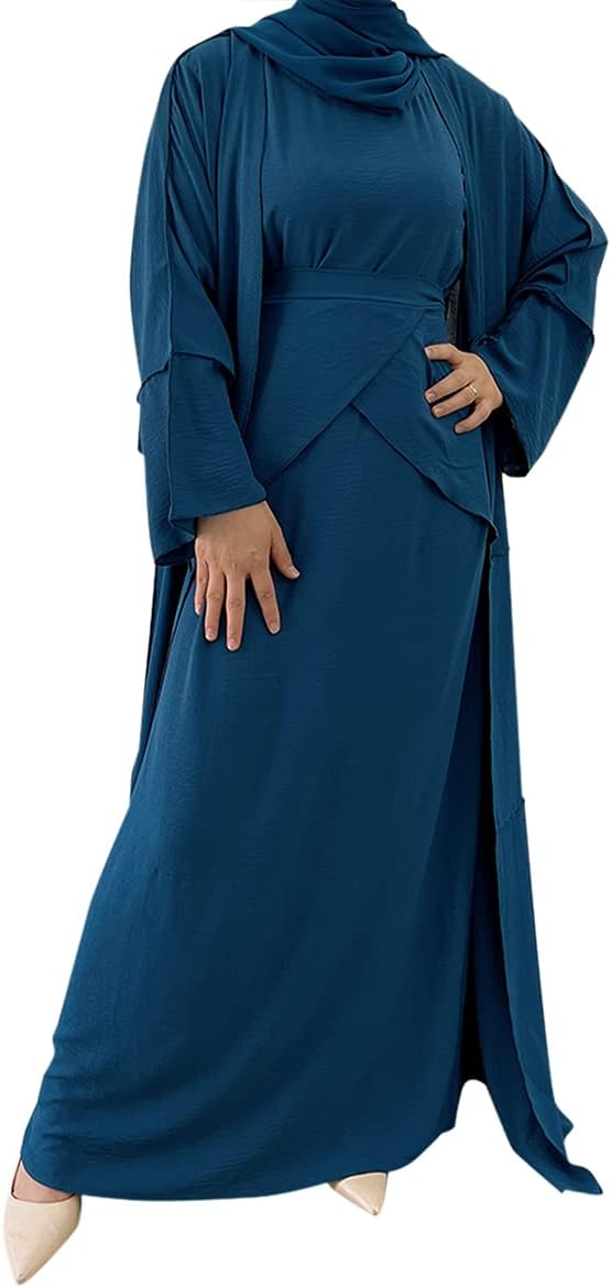 Women's Muslim Abaya Dress Three Pieces Set Islamic Prayer Robe Open Front Flowy Maxi Cardigan Dress