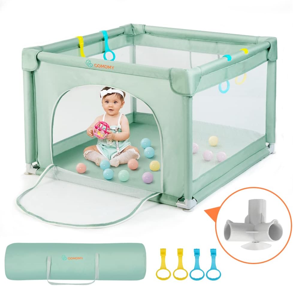 COMOMY Playpens for Babies and Toddlers, 90 x 90 cm Small Baby Play Pens, Activity Center for Safe and Non-Slip Fence, Full Mesh Design, Indoor & Outdoor Kids Center (Green)