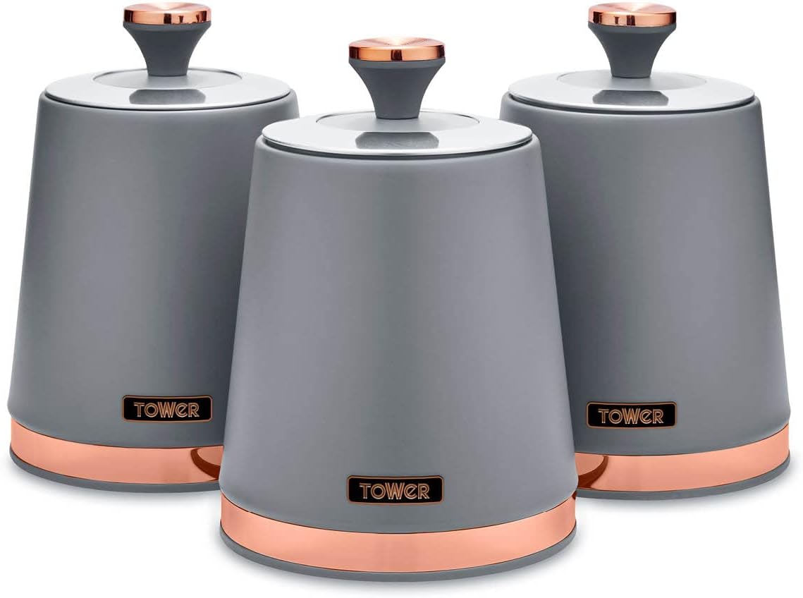 Tower T826131GRY Cavaletto Set of 3 Storage Canisters for Tea/Coffee/Sugar, Steel, Grey and Rose Gold