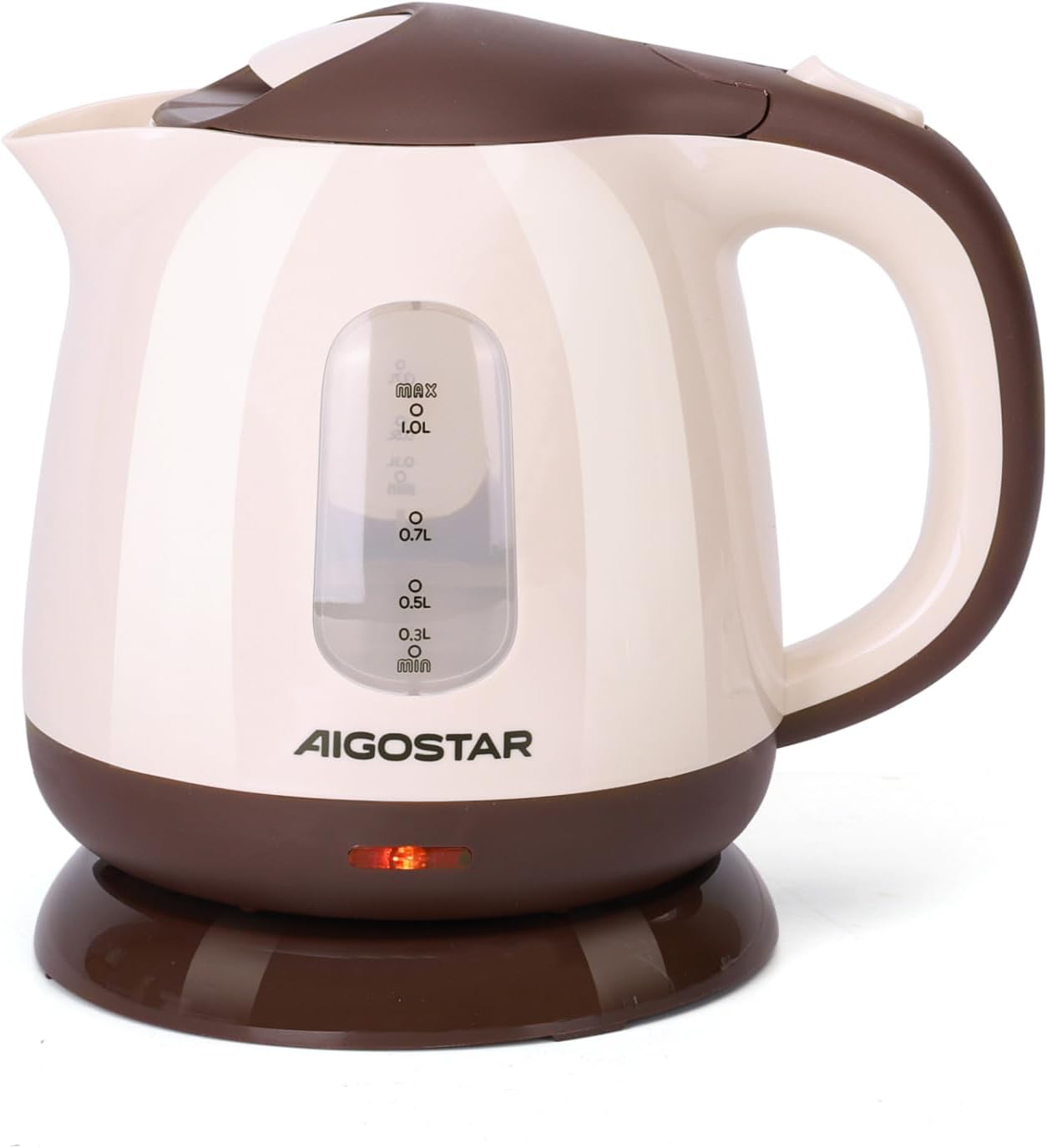 Aigostar Small Electric Kettle， 1 Litre 1100W Low Wattage Cordless Kettle for Travel Bedroom Camping Office， Lightweight Portable Kettle Electric， White and Brown - Romeo 30KO3