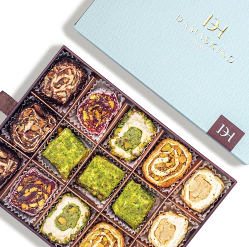 Damaskino Home Assorted Turkish Delight Gift Box 13.2oz - 15 Pieces of Turkish Lokum Turkish Delights Candy with Pistachio Turkish Delight, Rose Turkish Delight, Chocolate, Lotus & Hazelnut