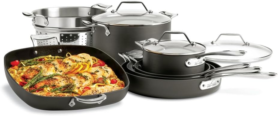 All-Clad Essentials Hard Anodized Nonstick Cookware Set 10 Piece Oven Safe 350F Pots and Pans Black
