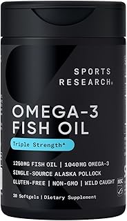 Sports Research Triple Strength Omega 3 Fish Oil 1250mg from Wild Alaska Pollock - Burpless Fish Oil Supplement with Omega3s EPA & DHA - Sustainably Sourced, Non-GMO, Gluten Free - 30 Softgels