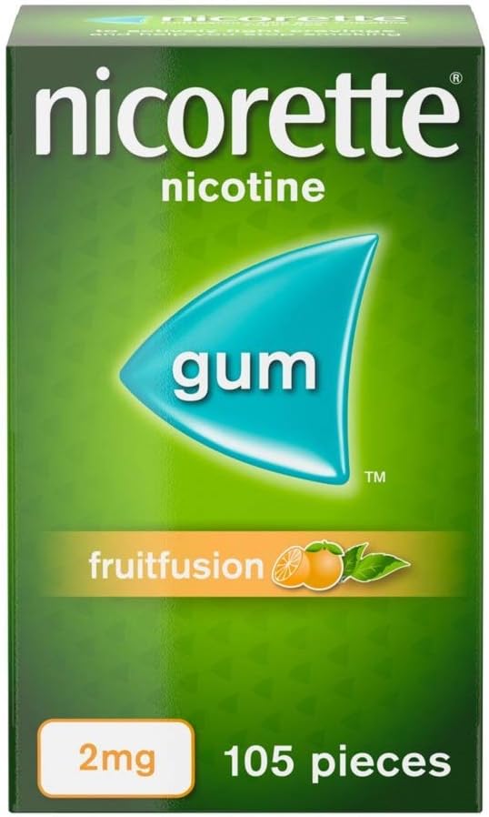 Nicorette Fruitfusion 2mg Gum (105 Pieces), Discreet Stop Smoking and Stop Vaping Aid, Helps Tackle Cravings and Withdrawal Symptoms, Nicotine Gum with Pleasant Fruit Flavour (Quit Smoking or Vaping)