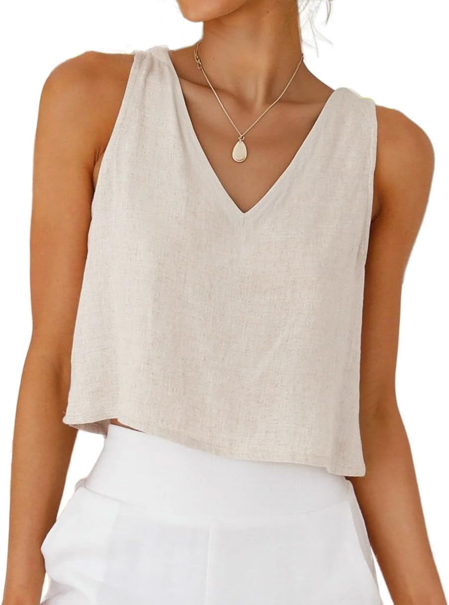 IDEALSANXUN Womens V Neck Cropped Linen Tank Tops Spring Summer Sleeveless Shirts