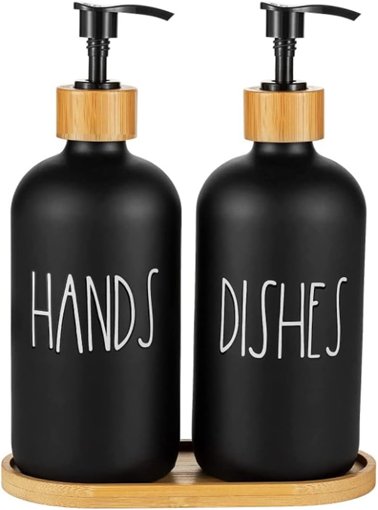 Hniuyun Glass Soap Dispenser Set of 2, Glass Soap Dispenser Bottle with Pump, 16 Oz Refillable Liquid Hand Jar Dispenser for Bathroom, Countertop, Kitchen, Laundry Room (Black)