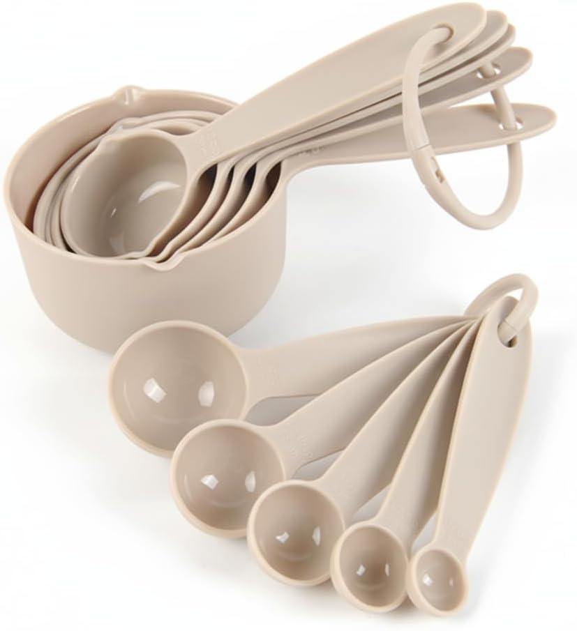 Measuring Cups,10 Piece Plastic Measuring Cups and Spoons Set,Plastic Measure Cup Set, Baking Measure Cup, Baking Gadgets, for Kitchen Baking and Cooking（Khaki）