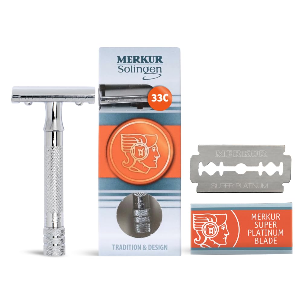 MERKUR 33C Double Edge Safety Razor, Three-Piece Design, Closed Comb, Short Handle, Bright Chrome Finish, Made in Germany