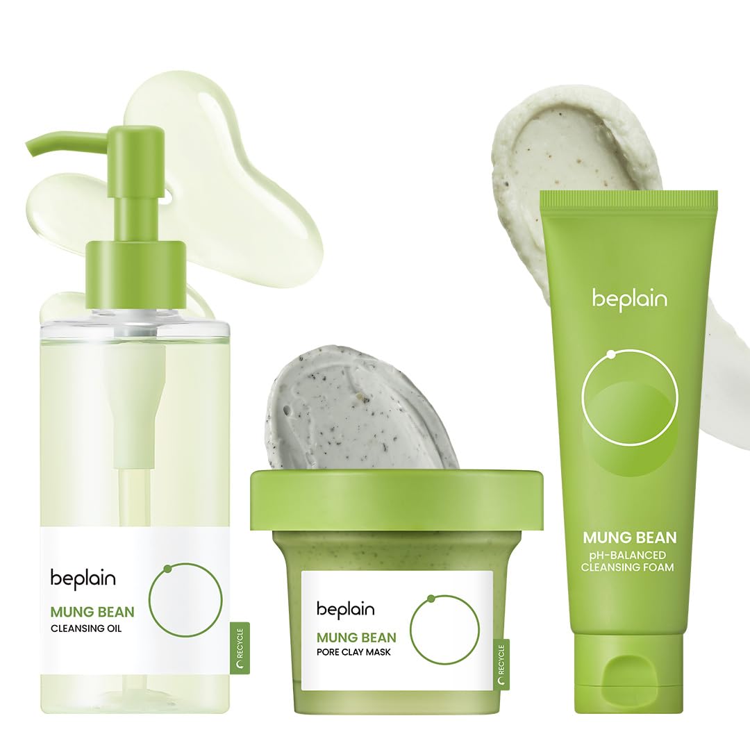 beplain Mung Bean Pore Care Trio - Cleansing Oil & Cleansing Foam 80ml &Clay Mask | Korean Skin Care | Suitable for Sensitive Skin