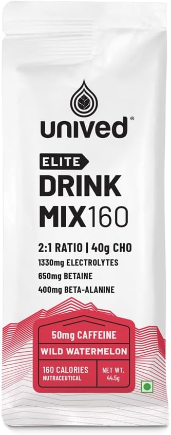 Unived Elite Drink Mix 160 | Isotonic Energy Drink | 2:1 Ratio & 40g Carbohydrates with Betaine & Beta-Alanine | Endurance Athletes Sports Drink Wild Watermelon (50mg Caffeine), 8 Pack