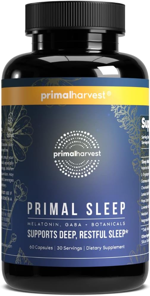 Primal Harvest Primal Sleep Support Supplement, 60 Capsules with Valerian Root, L-Tryptophan, GABA, Chamomile, and Melatonin 3mg