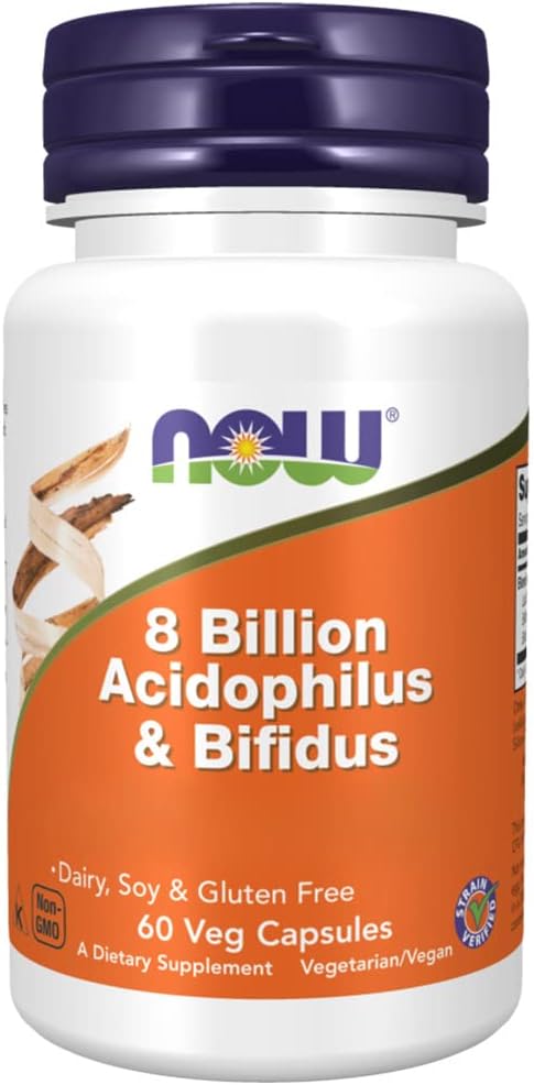 Now Foods, 8 Billion Acidophilus & Bifidus (Good Bacteria Cultures), 60 Vegan Capsules, Lab-Tested, Gluten Free, Non-GMO, Vegetarian, Soy Free