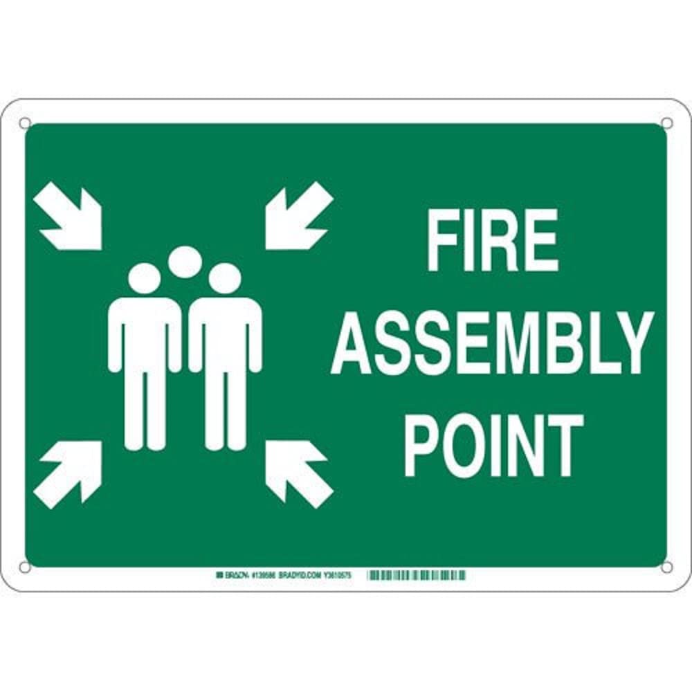 Brady 139586 Fiberglass "FIRE Assembly Point" Sign, Text and Symbol, 10" H x 14" W, White on Green