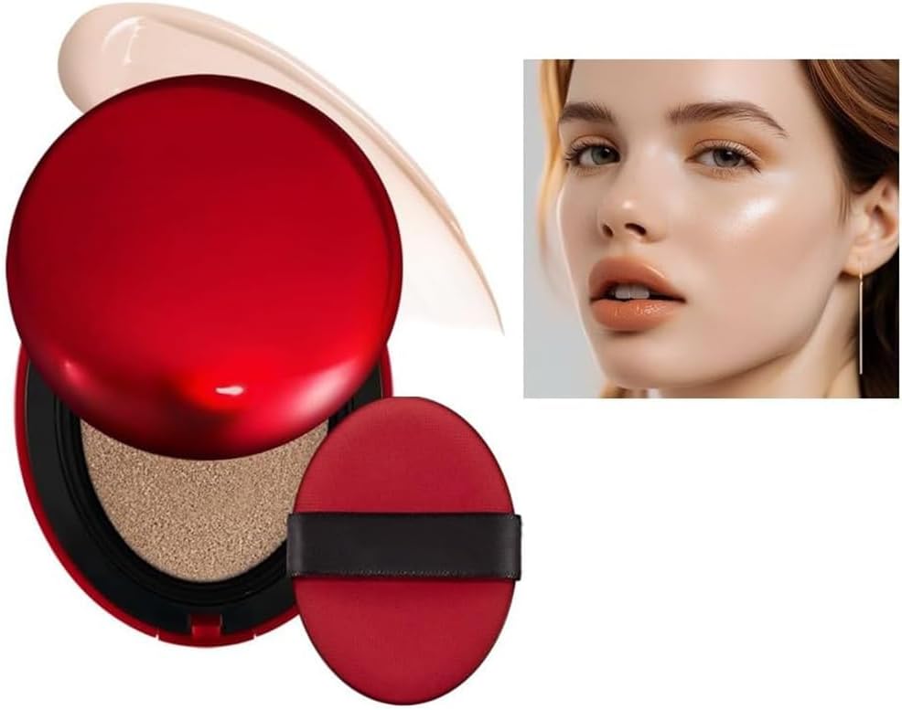 Cushion Foundation, Semi-Matte Finish 72-Hour Foundation Full Coverage Sun Protection, Waterproof, Clear Makeup Red+Shell+Air Focuses on Keeping The Coverage Great,18g