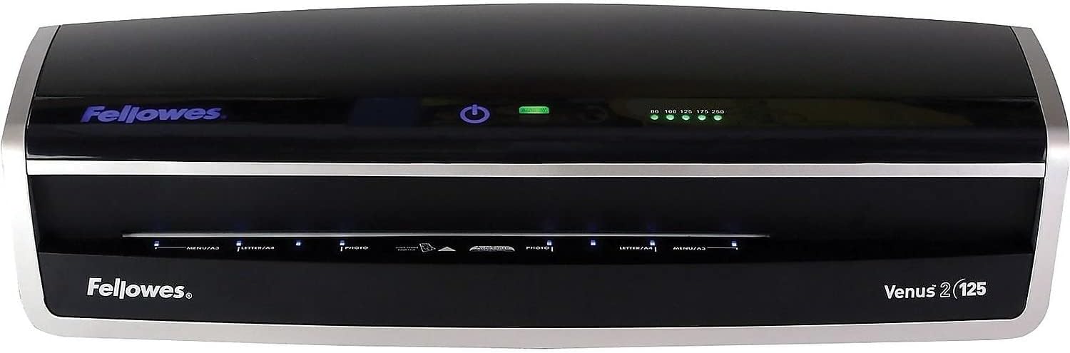 Fellowes Laminator Venus 2 125, Rapid 30-60 Second Warm-up Laminating Machine, with Laminating Pouches Kit (5734801), Black, Silver, 5.1" x 21.3" x 8.2"