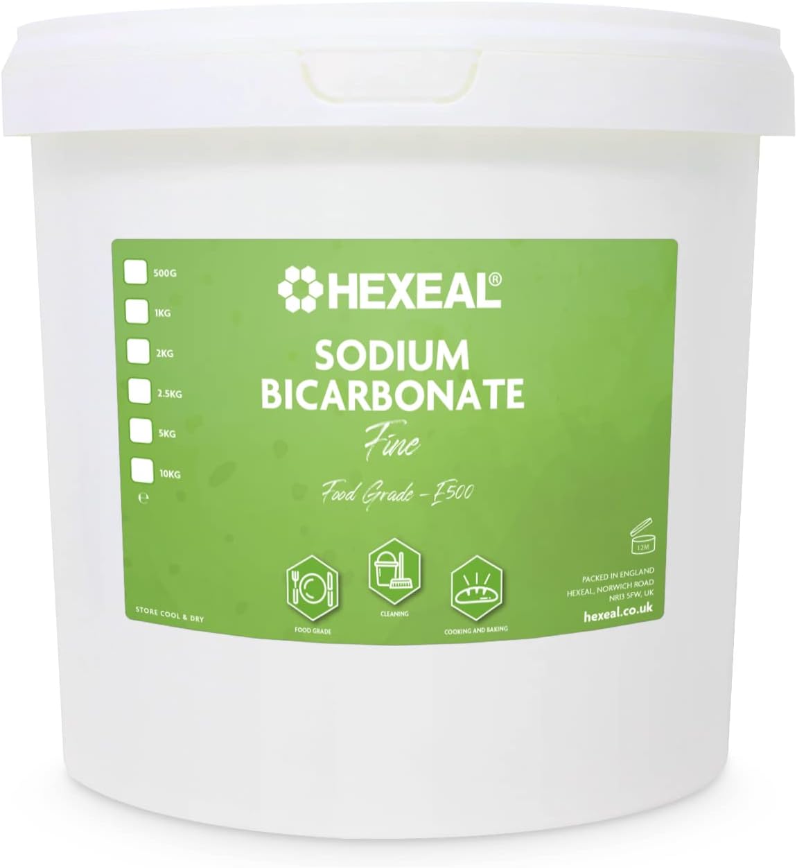 Hexeal 2.5kg Bucket of Sodium Bicarbonate – 2.5kg Bucket of Food Grade Baking Soda for Cooking, Baking, Home Cleaning & Bath Bombs – Fine Powder, Deodorises & Removes Grime – FCC E500