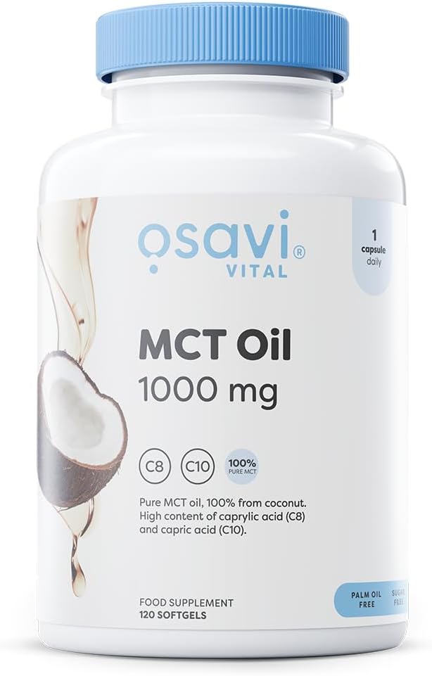 Osavi MCT Oil 1000mg – 120 Softgels | High Concentration of Caprylic (C8) and Capric (C10) Acids | 100% Coconut Oil, Palm Oil Free | Eco–Friendly BioPET Packaging
