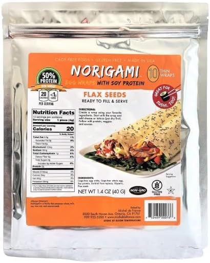 Norigami Egg Wraps with Soy Protein – Flax Seeds. High Protein, Low Carb, Vegetarian. Thin Healthy Wraps -Certified Kosher, Non-GMO, Gluten Free -NOW Featuring 10 Wraps in a bag. (1 Pack)