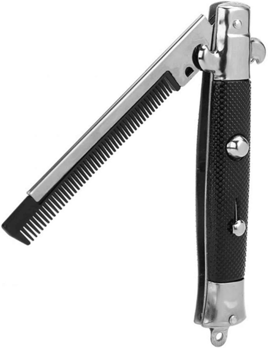 Switchblade Comb, Foldable Stainless Steel Hair Comb with Automatic Push Button Metal Spring Jump Brush for Beard Mustache, Men Oil Hair Styling Accessories (1# L, Black)