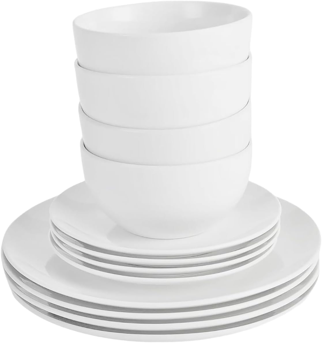 12PC Dinnerware Porcelain White Set: 4 Dinner Plates, 4 Side Plates & 4 Bowls. Dishwasher & Microwave Safe.