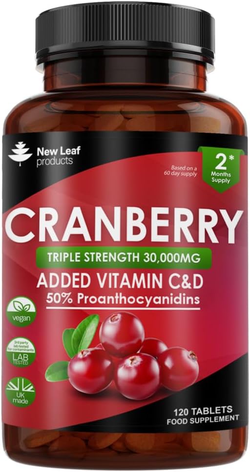 Cranberry Tablets Triple Strength 30,000mg - Added Vitamin C & D - 120 Cranberry Supplements Cranberry Supplements for Women and Men - Vegan Cranberry Tablets for Women Made in UK by New Leaf