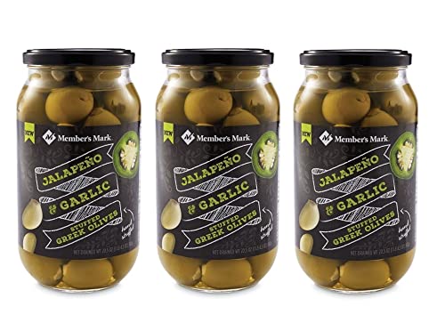 Jalapeno and Garlic Hand Stuffed Large Olives - 3 Glass Jars Drained NT. WT (20.5 oz.) each , By Member's Mark