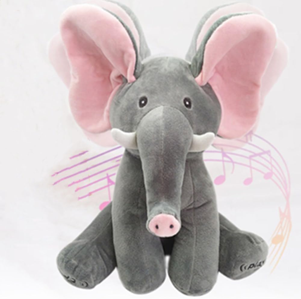 OUKEYI 32cm Musical Peek-a-Boo Elephant Plush Toy - Interactive Stuffed Animal With Moving Ears for Hide and Seek Fun