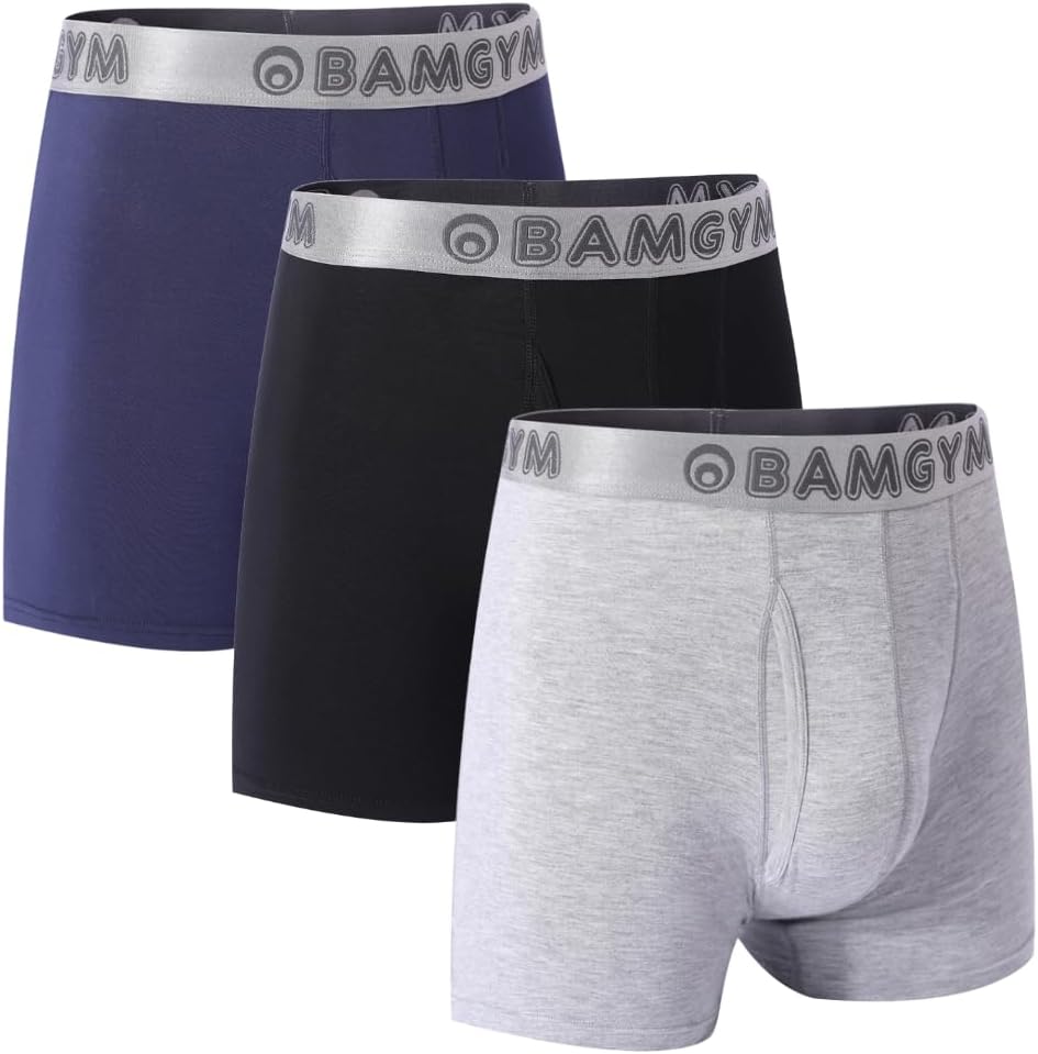 Mens Bamboo Boxer Underwear Trunks WITH FLY, Breathable, Wicking, Stretchy, Soft, Antibacterial,Temperature Regulating Boxer pants, Multicolour Style or Black Classic, 3 Pack