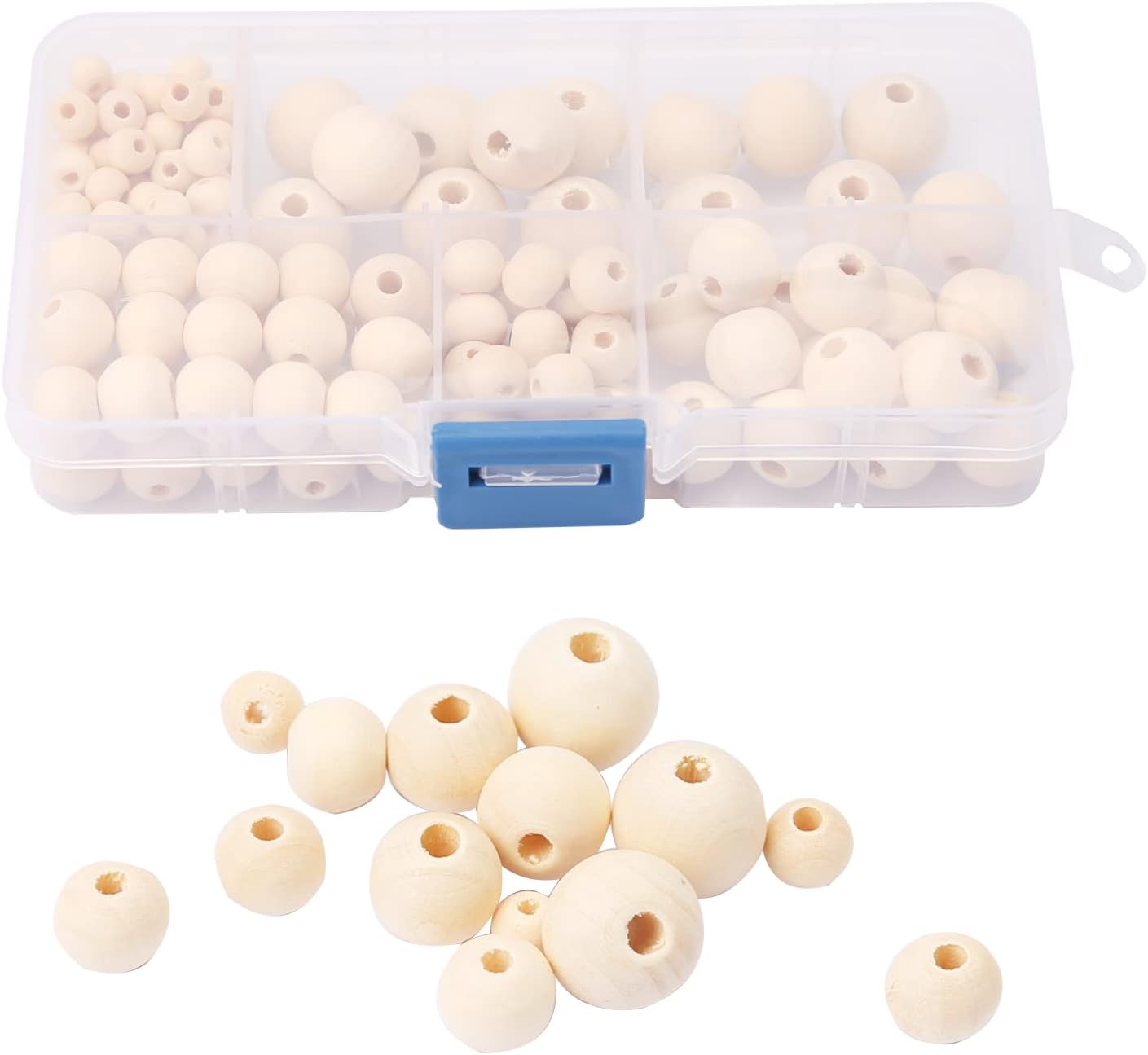 150 Pieces Round Wooden Beads for Crafting, Wooden Balls for Jewellery Crafts with Assortment Box, 5 Sizes, 6mm 8mm 10mm 12mm 14mm