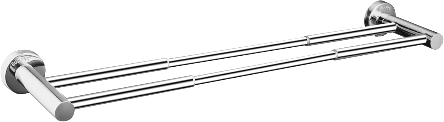 Retractable Towel Bar Flat Double Rod Bathroom Hand Towel Holder Stainless Steel Towel Rack Kitchen Towel Rail Adjustable from 15.1 to 24.4 Inch Wall Mounted Towel Rail with Screws | Polished Silver