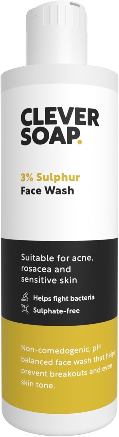 Clever Soap 3% Sulphur Face Wash - Exfoliating Blemish Control Cleanser - Antibacterial, Sensitive Sulfur Soap - Fragrance Free Moisturising Formula For Oily Skin - Men & Women