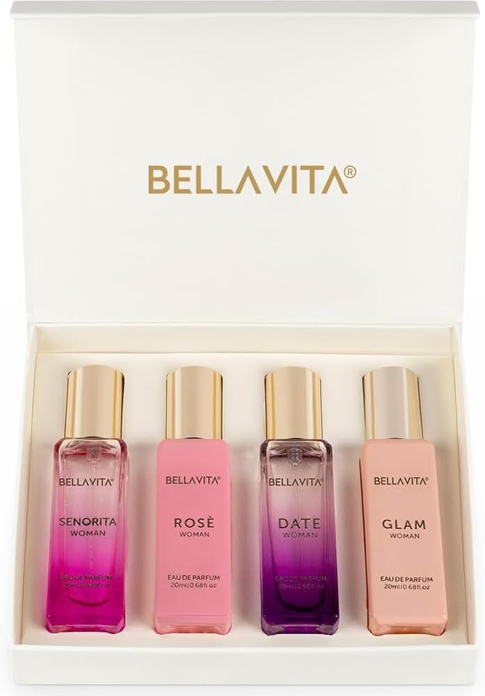Bellavita Luxury Women's Gift Set with Date Senorita Glam & Rose | Floral Fruity Musky Rose White Floral Scent Profiles | Gift Set (4×20 ml) | Women's Perfume | Perfect Christmas & New Year Gift