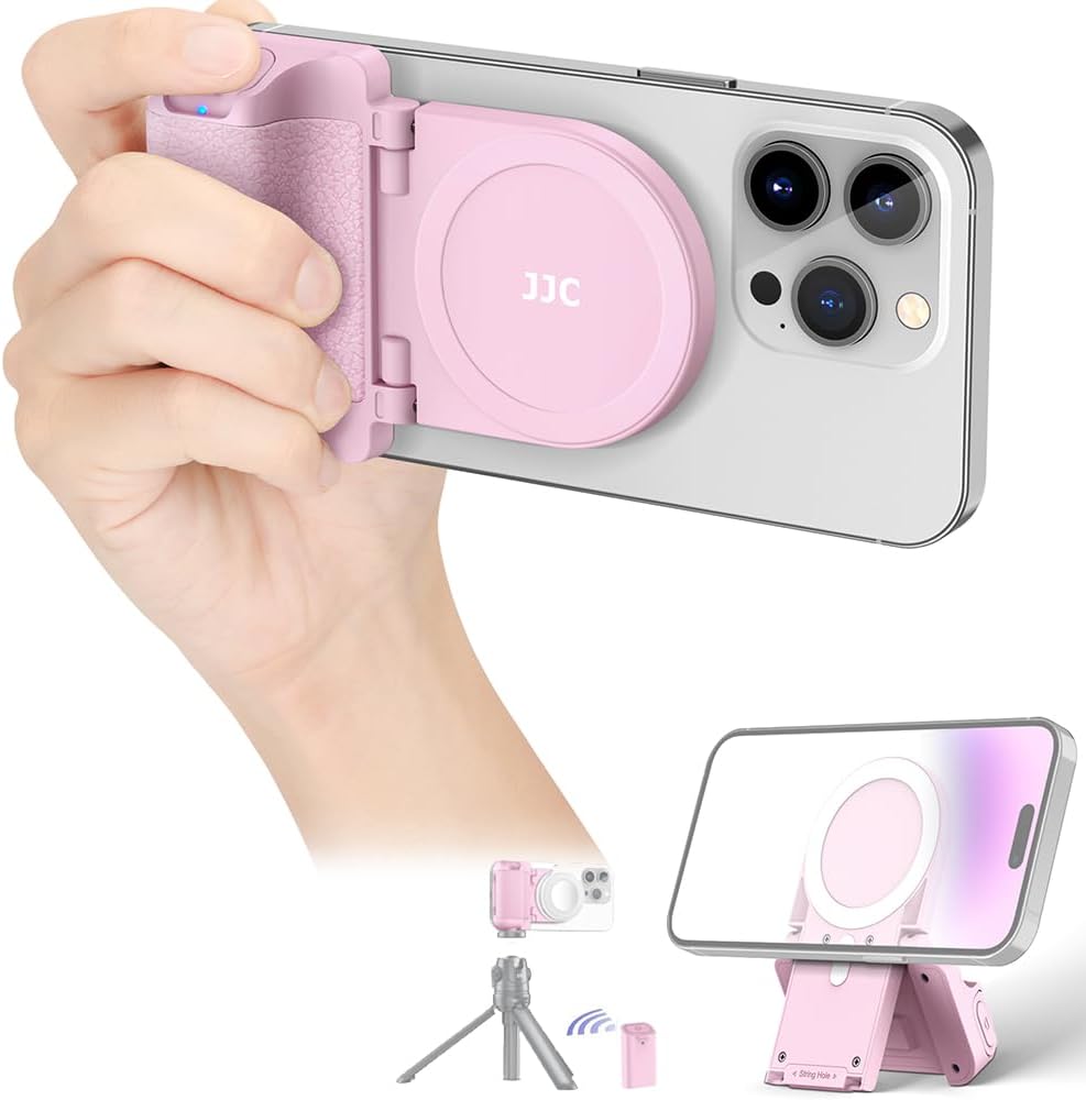 JJC Magnetic Phone Grip with Bluetooth Remote Control, Magsafe Phone Camera Handle for iPhone Android Smartphones, Desk Stand & Tripod Mount Adapter - Pink