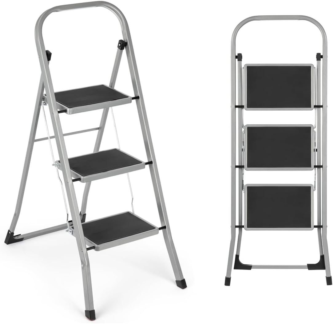 3 Step Ladder | Portable Folding Ladders | Lightweight Sturdy Steel Ladder | Anti Slip Feet | Non-Slip Safety Treads | Easy to Store Step Stool | DIY Gardening Kitchen Garage | 150kg Capacity, Grey