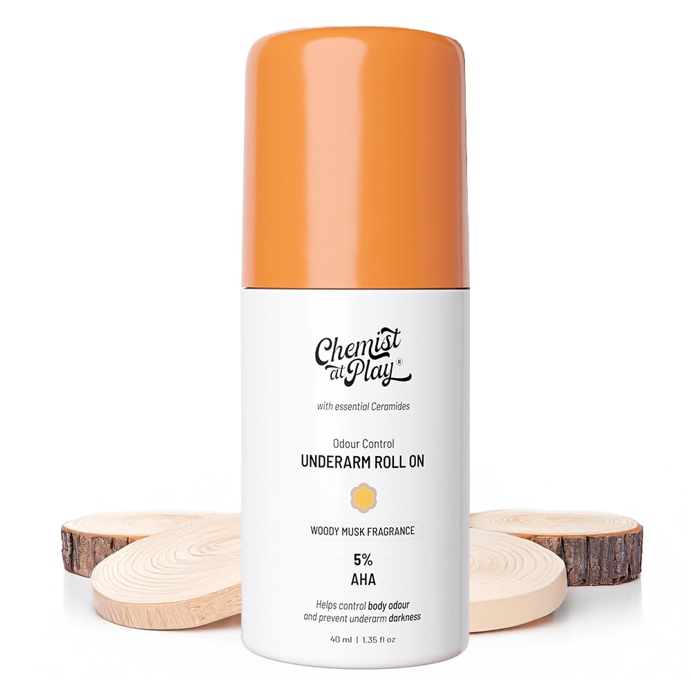 Chemist at Play UnderArm Roll-On with 5% AHA|Lactic & Mandelic Acid|Prevents Odour, Brightens Skin & Exfoliates Underarm|For Sensitive Skin |Woody Musk Fragrance |Alcohol & Aluminium Free | 1.35 fl oz