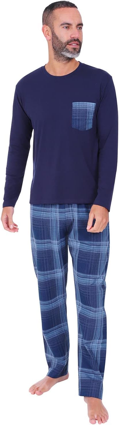 ThePyjamaFactory Mens Navy Long Pyjama Set Checked Bottoms