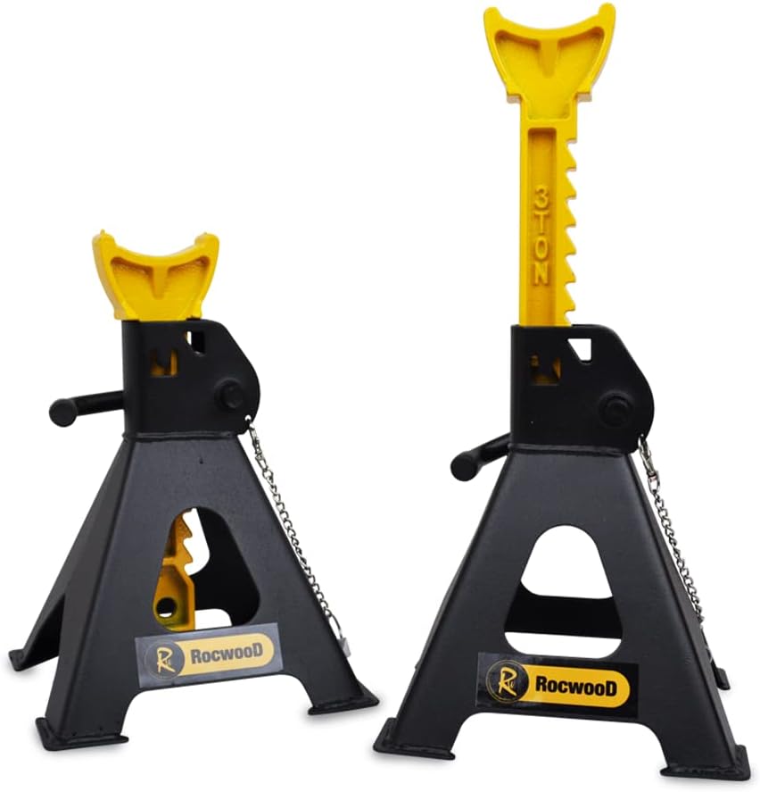 RocwooD Axle Stand 3 Tonne Ton Car Jack Ratchet Heavy Duty Repairing Tool Garage Workshop Safety Steel Lift Lifting Pair Of Stands