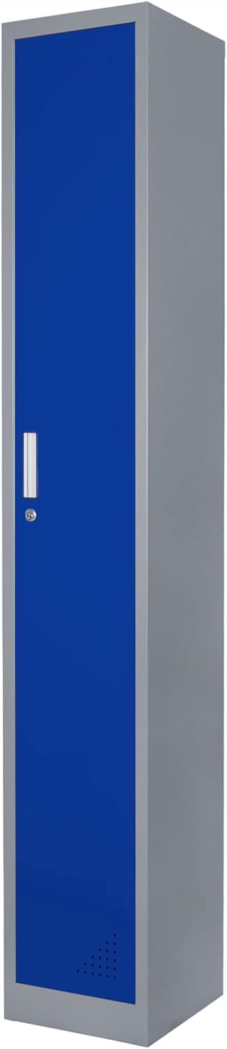 The Workplace Depot 1 Door Heavy Duty Metal Locker – Reinforced Steel, Grey-Blue, 1800mm Tall, Lockable Storage with Ventilation & Hat Shelf – Ideal for Offices, Warehouses & Staff Rooms(1 Door, Blue)