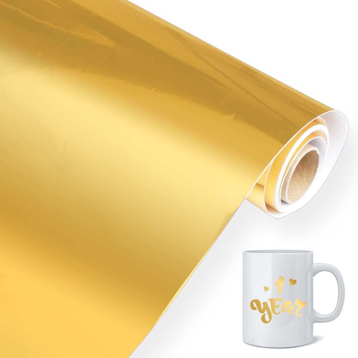 Metallic Chrome Gold Permanent Vinyl 30.5cm x 300cm Heat Transfer Vinyl,Gold Cricut Vinyl,Cutting Mat & Transfer Paper Recommended, Self Adhesive Vinyl for DIY Crafts, Birthday & Christmas Decor