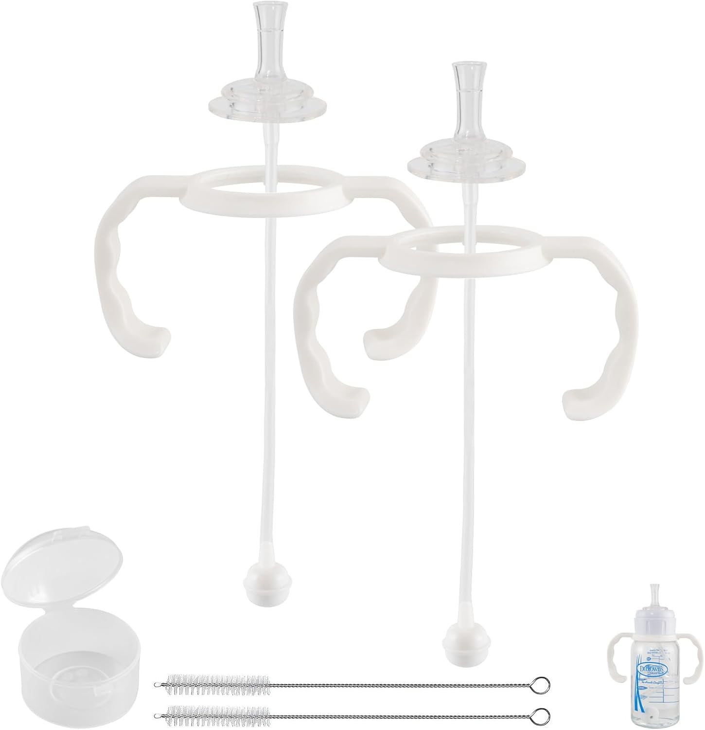 Straw Cup Conversion Kit for Dr Browns Narrow and Narrow Glass Baby Bottles, Spill-Proof Transition Kit with Silicone Straw Nipple, Weighted Straw, Handle, 2 Pack, 6m+