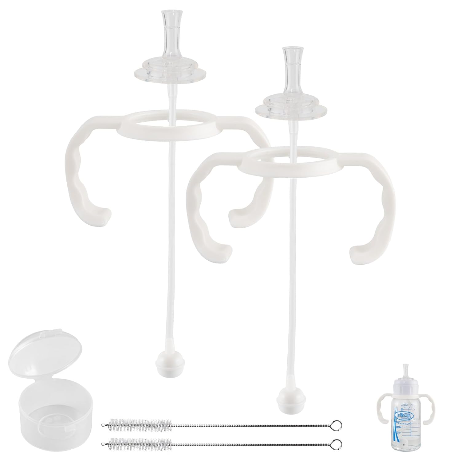 Straw Cup Conversion Kit for Dr Browns Narrow and Narrow Glass Baby Bottles, Spill-Proof Transition Kit with Silicone Straw Nipple, Weighted Straw, Handle, 2 Pack, 6m+