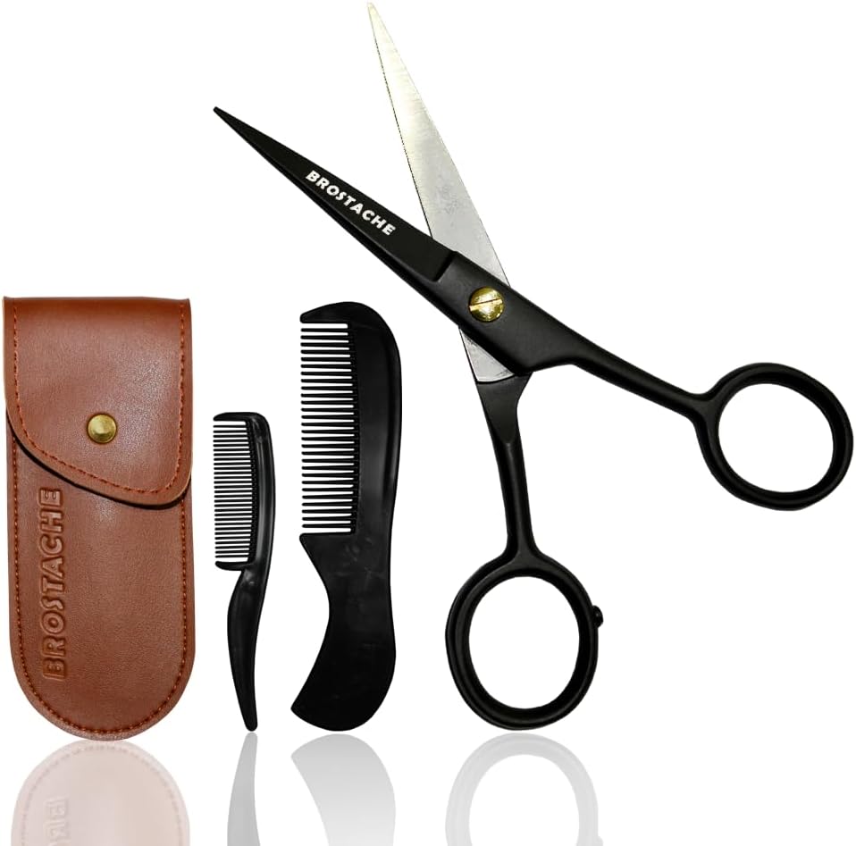 5" Beard & Mustache trimming Scissors for Men, 2 comb & Travel carrying Pouch, Hand forged with Bevel edge For precision, Mustache kit for men, Extremely Sharp Scissors